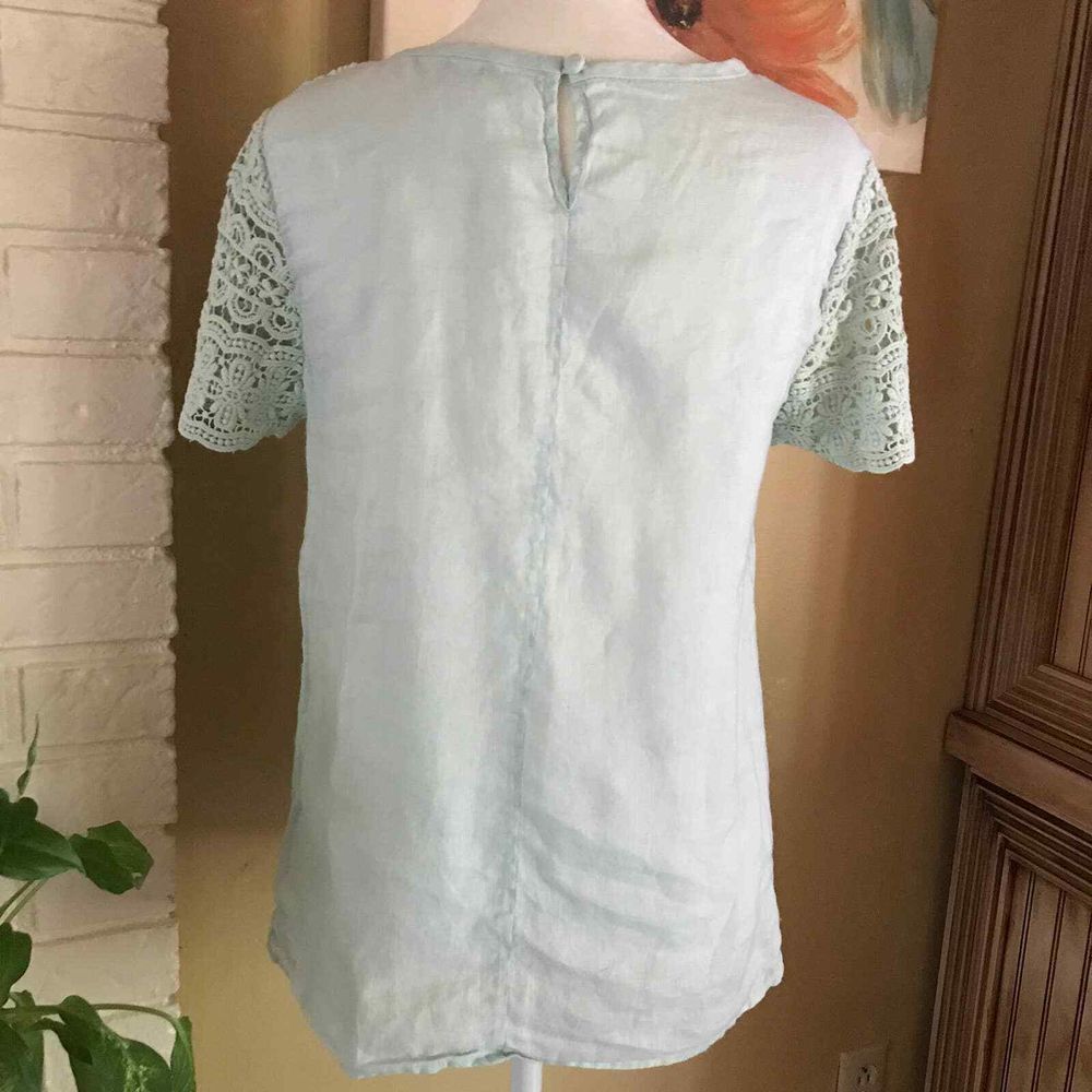 J Crew Top Womens 2 Mint Green Linen Crochet Lace Blouse‎ Beachy Cruise Vacation - Picture 3 of 13